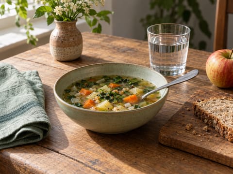 Eine Suppe, ein Stück Brot und ein Apfel stehen mit einem Glas Wasser auf einem Holztisch.