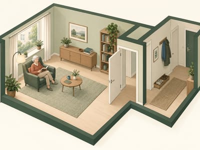 Schnittzeichnung einer Wohnung mit Flur und Wohnzimmer, in dem eine Frau in einem Sessel liest.