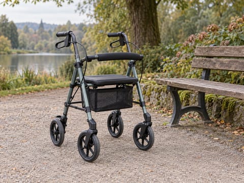 Ein unbesetzter Rollator mit Sitz steht auf einem Weg neben einer Bank.