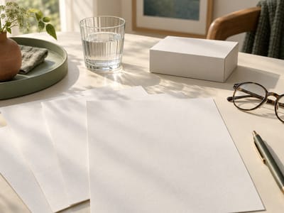 Leere Papierbögen, ein Glas Wasser, eine Brille und eine unbeschriftete Schachtel auf einem Tisch.